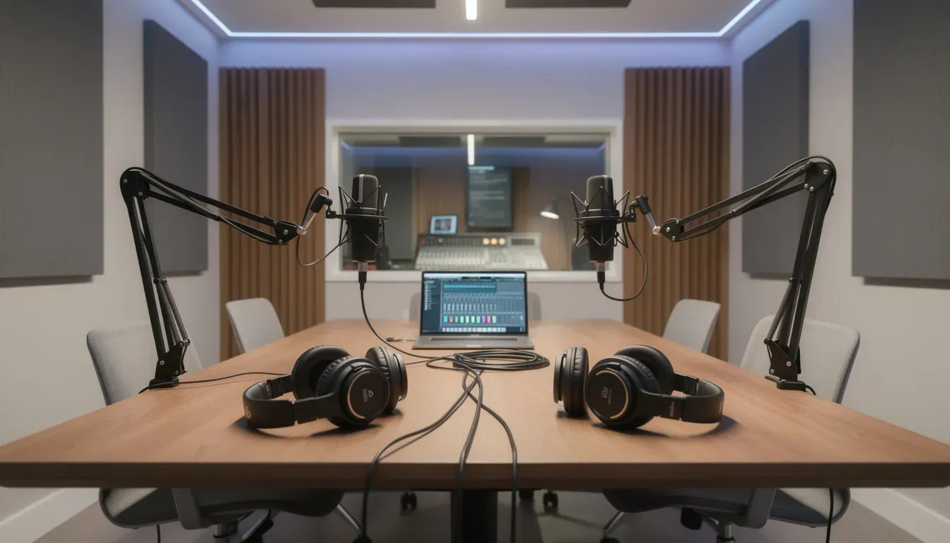 Professionelles Podcast-Studio mit mehreren Mikrofonen und Kopfhörern auf einem Tisch.