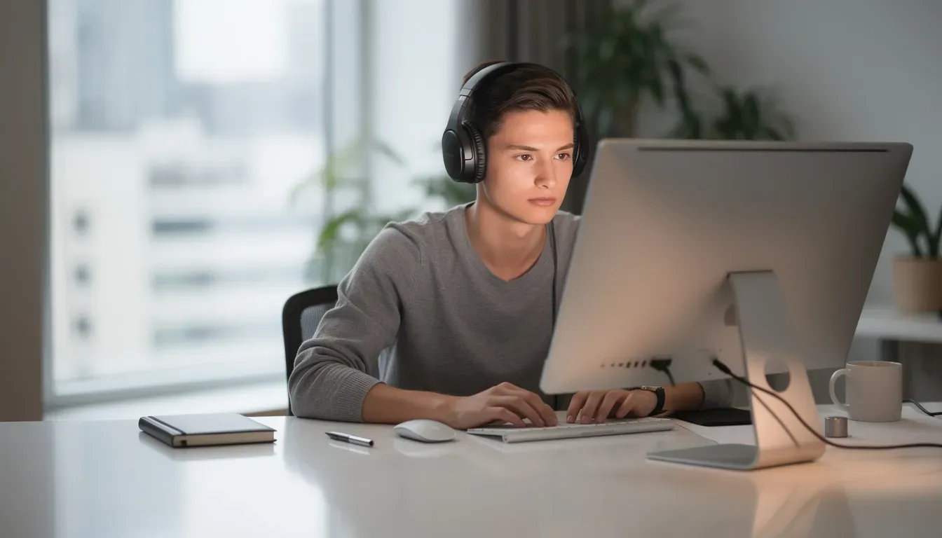 Eine Person mit Kopfhörern sitzt konzentriert an einem modernen Arbeitsplatz und arbeitet an einem Unternehmens-Podcast.
