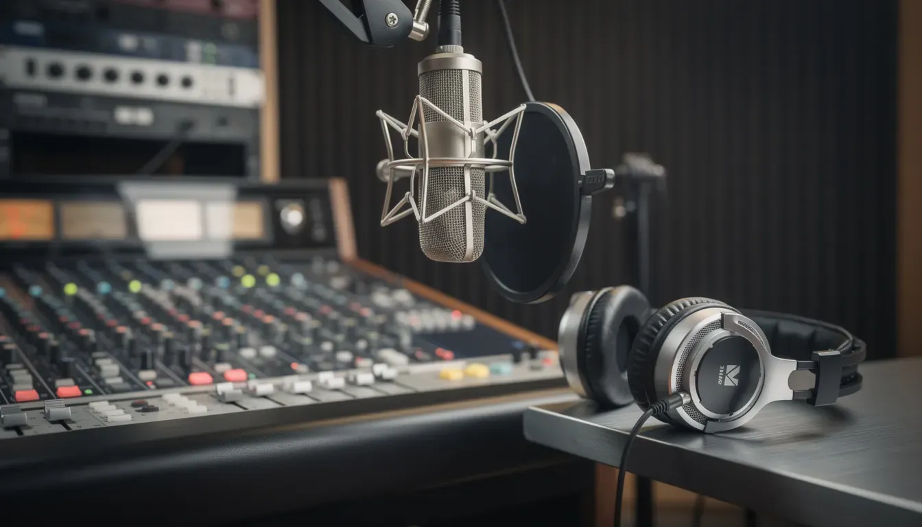 Professionelles Audio-Equipment aus Mikrofon, Kopfhörern und Mischpult für die Produktion eines Unternehmens-Podcasts.