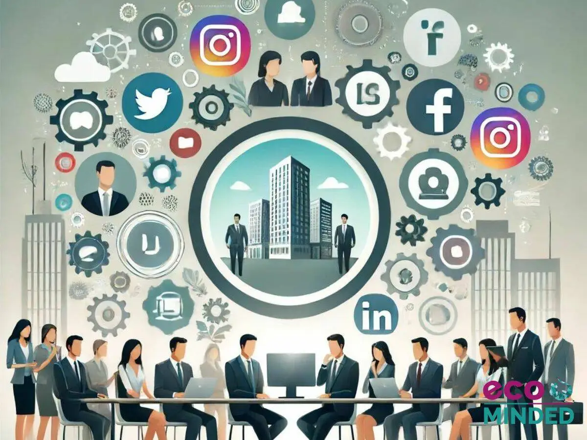 Personen in einem Geschäftstreffen, umgeben von Social Media Icons wie Facebook, Instagram, Twitter und LinkedIn, die den Nutzen einer Social Media Agentur für KMUs darstellen.